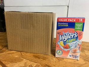 lot 46 image: New Box of 108 Wylers Light Strawberry Lemonade On-The-Go Stick Packets