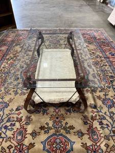 lot 1020 image: Stone, iron and glass coffee table 19 x 48 x 28