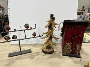 lot 1183 image: Iron bird candleholder, antler tree and a birdhouse
