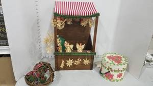 lot 2055 image: Doll Christmas stand wornaments, wreath and box
