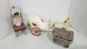 lot 2056 image: Doll wooden horse and buggy, chair and trunk