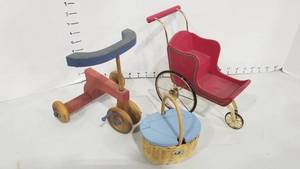 lot 2060 image: Doll stroller, trike and basket with yarn