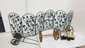 lot 2086 image: Metal trellisfencing, doll surey, flower truck and wagon wheels