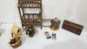 lot 2096 image: Doll furniture, trunk and accessories (cart is missing a wheel)