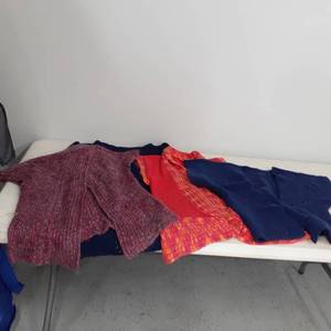 lot 3020 image: (4) Hand knitted sweaters. Not yet complete. Need completed. Comes with nice bag
