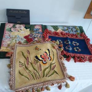 lot 3051 image: Hanging tapestry(35 x 36) and some needlepoint.