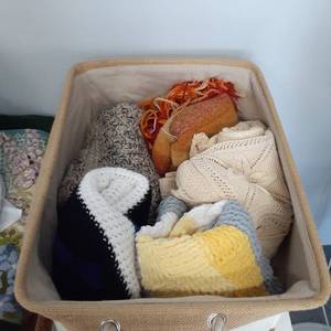 lot 3053 image: (5) Throw blankets inside a very large, nice storage bag