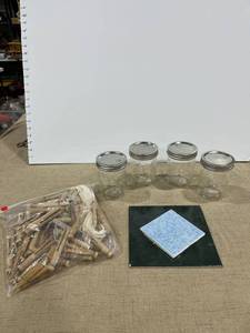 lot 1347 image: Clothes line and hangers with mason jars and tiles