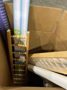 lot 1480 image: A box of items including small fences, T 12 replacement lights and paper