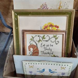 lot 1567 image: Various needlepoint wall decor. 14 x 11 to 24 x 20