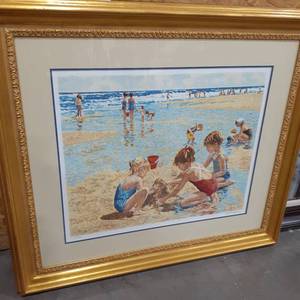 lot 1575 image: Framed art. Kids on beach. 35 x 39