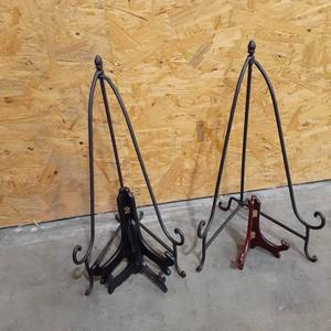 lot 1577 image: Metal and wood picture or plate holders. The wrought iron is 20 tall, wooden ones are 9 and 7 tall