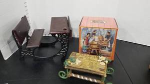 lot 2162 image: Cast iron & wood doll desk, Maytag multi-motor washer (still in box) and table