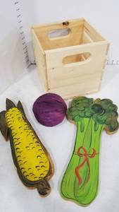 lot 2180 image: Wood crate and veggies