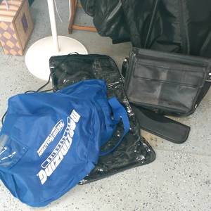 lot 3077 image: Briefcase, make up or toiletries bag and a green garmet bag