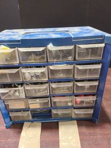 lot 4024 image: 20 drawer storage bin with contents, missing 1 drawer