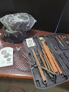 lot 4037 image: Weekend Explorer Grill and Cooler and barbecue tools in broken case