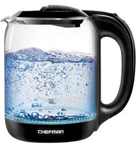 lot 33339 image: Chefman 1.7 Liter Electric Glass Tea Kettle, Fast Hot Water Boiler, One Touch Operation, Boils 7 Cups, Swivel Base & Cordless Pouring, Auto Shut-Off