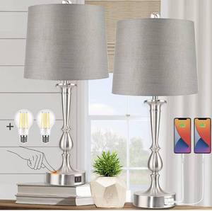 lot 33348 image: Set of 2 Touch Control Table Lamp with Dual USB Charging Ports Desk Lamps, 3-Way Dimmable Modern Nickel Finish Bedside Large Table Lamps for Living Room, Bedroom by PARTPHONER