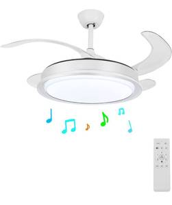 lot 33394 image: Retractable Blade Ceiling Fan with Light Bluetooth Music Fan Chandelier with Remote, 42inch 3 Speeds Silent Motor with RGB Dimmable 36W white ceiling fan