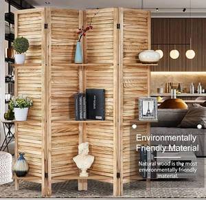 lot 33401 image: ROSE HOME FASHION 4 Panel 5.6 Ft Wood Room Divider, Wood Folding Privacy Screen Panels, Panel Divider&Room Dividers, Room Dividers with 3 Shelves and Folding Privacy Screens (4 Panel,Natural)