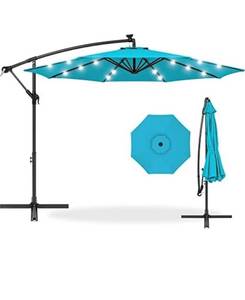lot 73916 image: Best Choice Products 10ft Solar LED Offset Hanging Market Patio Umbrella for Backyard, Poolside, Lawn and Garden wEasy Tilt Adjustment, Polyester Shade, 8 Ribs - Sky Blue