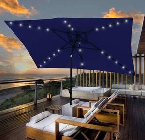 lot 73918 image: AXT SHADE Solar Powered LED Patio Umbrella 10 by 6.5 ft Rectangular Outdoor Table Market Umbrella with Push Button Tilt and Crank, Navy Blue