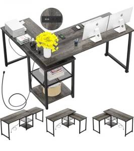 lot 73919 image: Armocity 360° Rotating L Shaped Desk with Outlets and USB Ports, Reversible L-Shaped Desk, Modern Corner Desk with Adjustable Storage Shelves, 71 Inch Large Computer Desk for Workstation, Gray