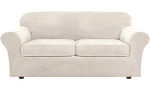 lot 30838 image: Real Velvet Plush 3 Piece Stretch Sofa Covers Couch Covers for 2 Cushion Couch Sofa Slipcovers (Base Cover Plus 2 Large Cushion Covers) Feature Thick Soft Stay in Place (Large Sofa, Ivory)