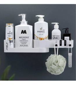 lot 30845 image: SUNFICON Adhesive Shower Caddy Expandable Bathroom Storage Shelf with Hooks Wall Mounted Kitchen Spice Rack Organizer No Drilling Shower Shampoo Holder 4 Clear Adhesive Stickers Affordable Gift White