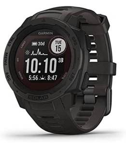 lot 30850 image: $$ Garmin Instinct Solar, Rugged Outdoor Smartwatch with Solar Charging Capabilities, Built-in Sports Apps and Health Monitoring, Graphite Retail $259