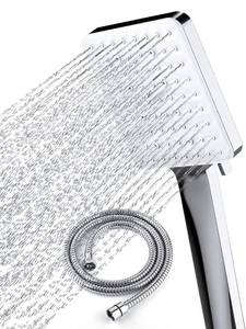 lot 38519 image: Newentor� Handheld High Pressure Shower Head, 6 Spray ModesSettings Detachable Shower Head, Chrome Finish Square Shower Head with Stainless Steel Hose and Multi-Angle Adjustable Shower Stand