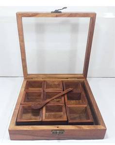 lot 30873 image: Wooden Spice Box Multipurpose Utility Container Brown Glass Top with Spoon Kitchen &amp Dining Masala Dabba Dry Fruit Box