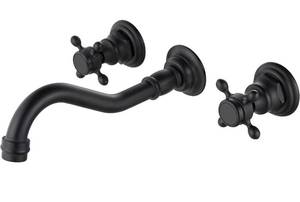 lot 30882 image: Matte Black Bathroom Sink Faucet Wall Mount Widespread 3 Holes 2 Cross Knobs Bathroom Faucet Solid Brass Lavatory Double Handles Basin Mixer Spout