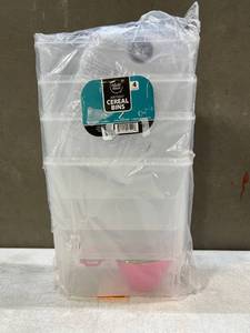 lot 30885 image: Plastic House Air Tight Cereal Containers with Lids, Scoops and Labels