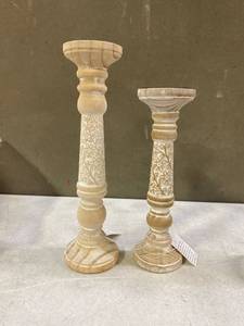 lot 36443 image: Candle Sticks 15 and 12 H Natural Wood With White, Carved Out Flowers