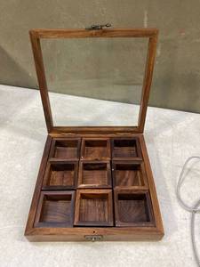 lot 36496 image: Wooden Display Box With Latch. 8x8 Small Boxes inside measure 2.5 x 2.5