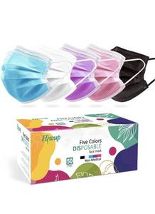 lot 36505 image: Lot of 40 HIWUP Face Masks, 3 Layer Disposable Face Masks with Nose Clip and Ear Loops Multicolored Pack of 50 (5 Color)