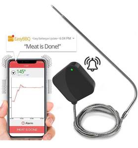 lot 38564 image: Smart Bluetooth BBQ Grill Thermometer - Upgraded Stainless Probe Safe to Leave in Oven, Outdoor Barbecue or Meat Smoker - Wireless Remote Alert iOS Android Phone WiFi App - NutriChef PWIRBBQ40
