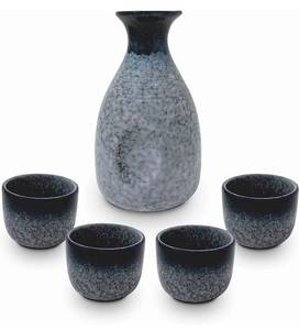 lot 38566 image: Fortis Simul 5 piece Ceramic Japanese Styled Sake Set In Blue, 1 Bottle and 4 Cups