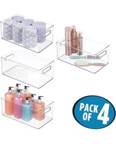 lot 36477 image: mDesign Deep Plastic Storage Organizer Container Bin, Bath and Shower Organization for Cabinet, Cupboard, Shelves, Counter, or Closet - Holds Shampoo, Vitamins, Hair and Beauty Supplies, 4 Pack, Clear 5.5W x 8H x 12 D