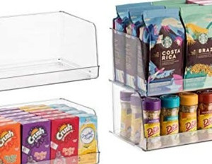 lot 44357 image: Set of 2 Clear Pantry Organizer Bins Stackable Household Plastic Food Storage Basket
