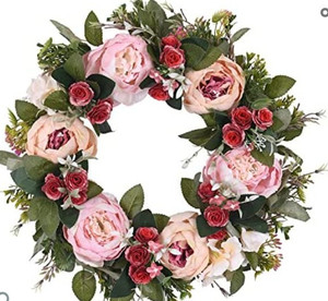 lot 44363 image: Front Door Wreath Fake Flowers Artificial Peony Wreath, 15in.