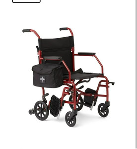 lot 44466 image: Medline Steel Transport Chair with Anti-Tippers,Red