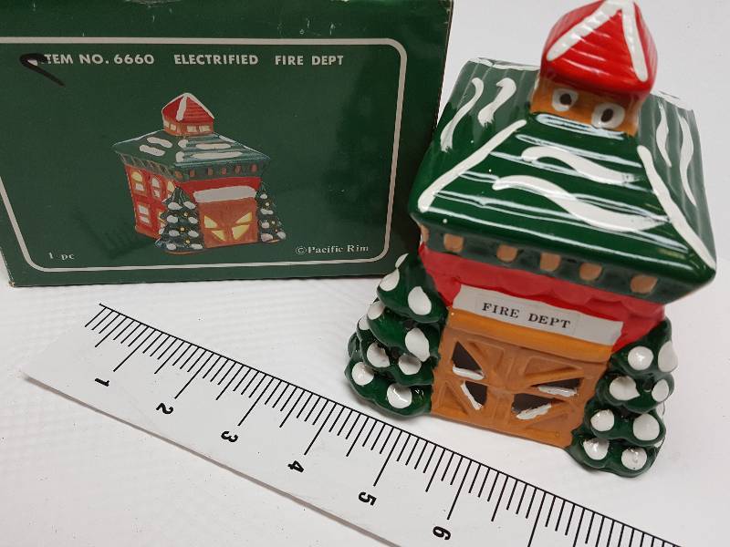 lot 8475 image: Porcelain Winter Christmas table top Fire Dept display made for internal light (not included)