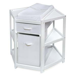 lot 1570 image: Badger Basket Diaper Corner Baby Changing Table with Hamper and Basket, White, Includes Pad - Retail $202.64