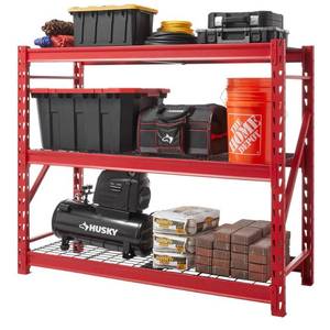 lot 1557 image: Husky 3-Tier Heavy Duty Industrial Welded Steel Garage Storage Shelving Unit in Red (65 in. W x 54 in. H x 24 in. D) - Retail $249.99