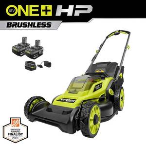 lot 2557 image: RYOBI ONE HP 18V Brushless 16 in. Cordless Battery Walk Behind Push Lawn Mower with (2) 4.0 Ah Batteries and (1) Charger - Retail $299.99