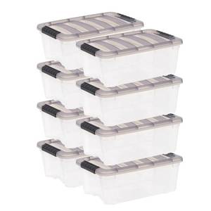lot 5533 image: IRIS 12.95qt 8pk Stack and Pull Plastic Storage Bin, 16 x 11 x 6, Grey, Plastic