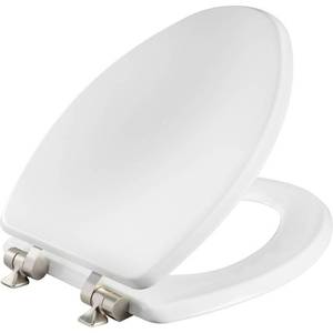 lot 2481 image: Benton Soft Close Elongated Enameled Wood Toilet Seat Never Loosens Brushed Nickel Hinge White - Mayfair by Bemis
